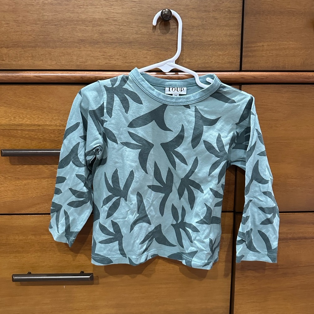 Loup Kids Long Sleeve Shirt - Leaf Pattern in Green, Size 24 Months